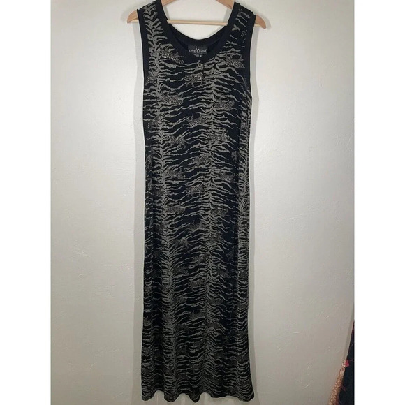 VTG Carole Little Sleeveless Maxi Dress 8 Black Gold Leopard Print Slinky - Picture 2 of 10